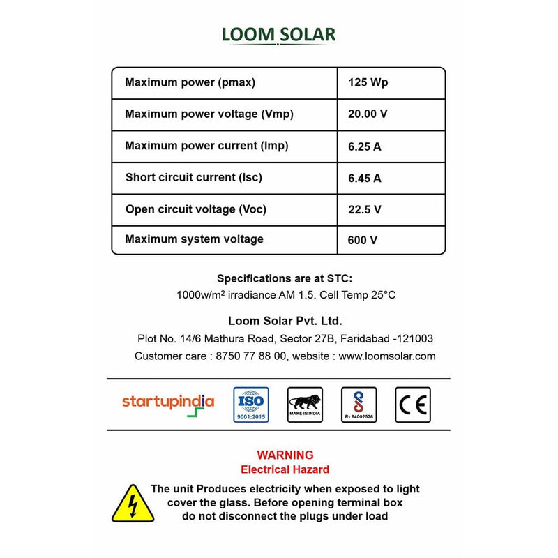 25 Years* Warranty Solar Panels Loom Solar Panel 125 watt - 12 volt Mono Perc